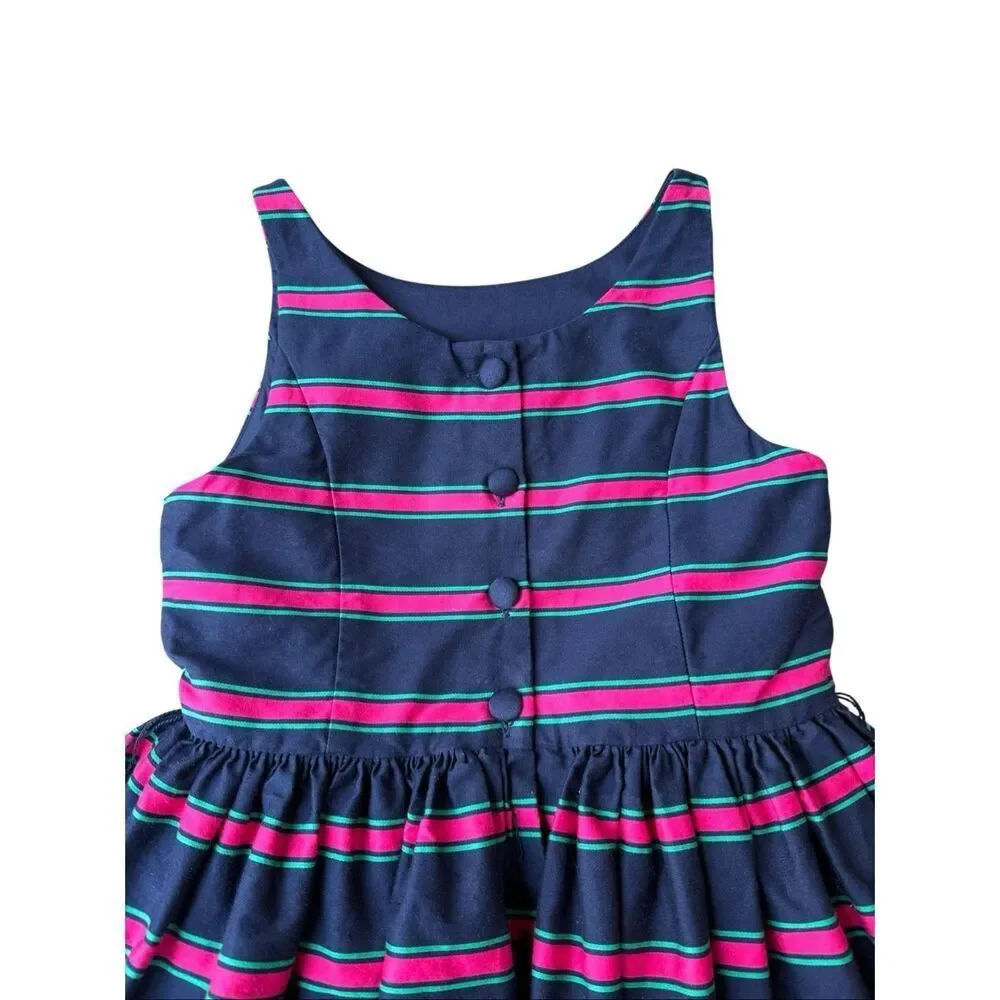 Ralph Lauren Navy Blue Striped Button Back Fit And Flare Dress Size 8 Girls